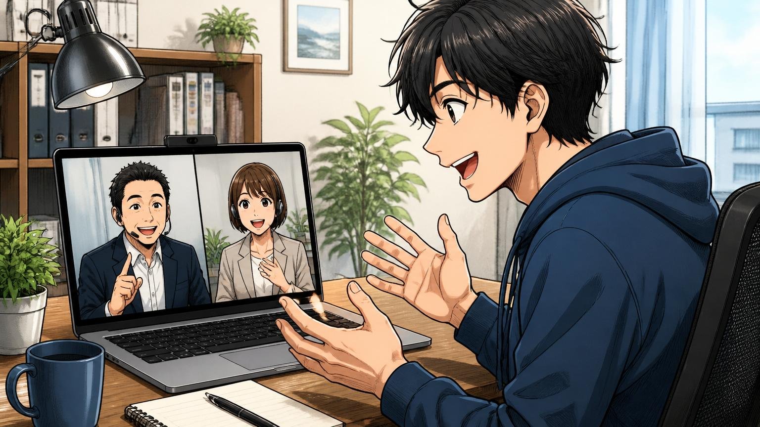 自宅のデスクで複数のIT特化型転職エージェントとオンライン面談する30代男性エンジニア1人とPC画面に2人の担当者