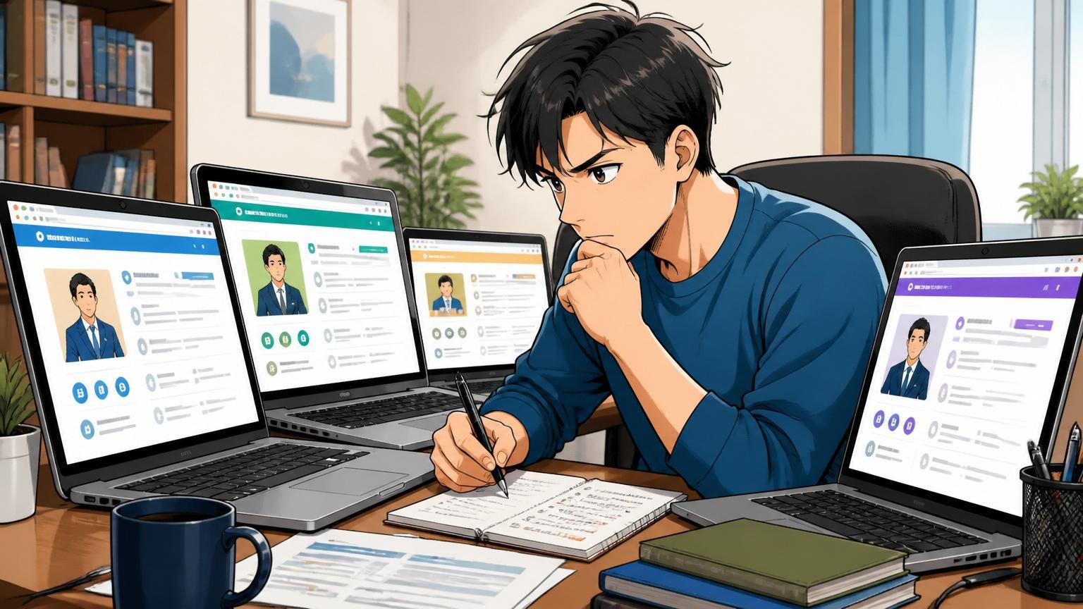 複数のITエンジニア向け転職エージェントで比較する、自宅のデスクで複数のサイトを比較する、30代男性1人、ノートを取りながら集中する表情