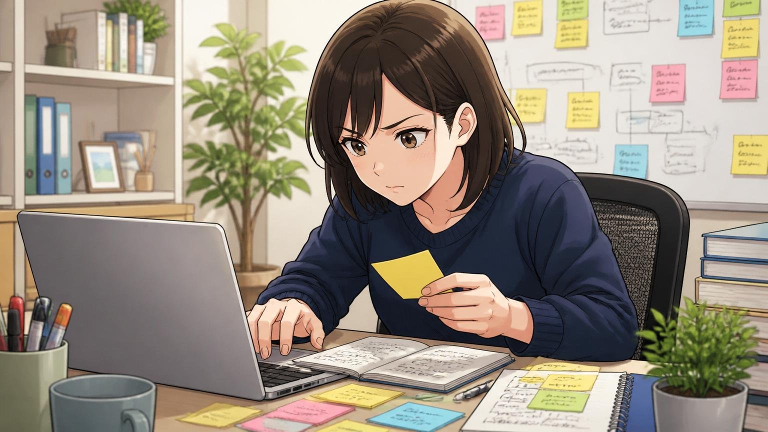自宅のデスクで職務経歴書を作成する30代女性エンジニアが集中した表情でノートPCに向かい付箋でメモを整理している