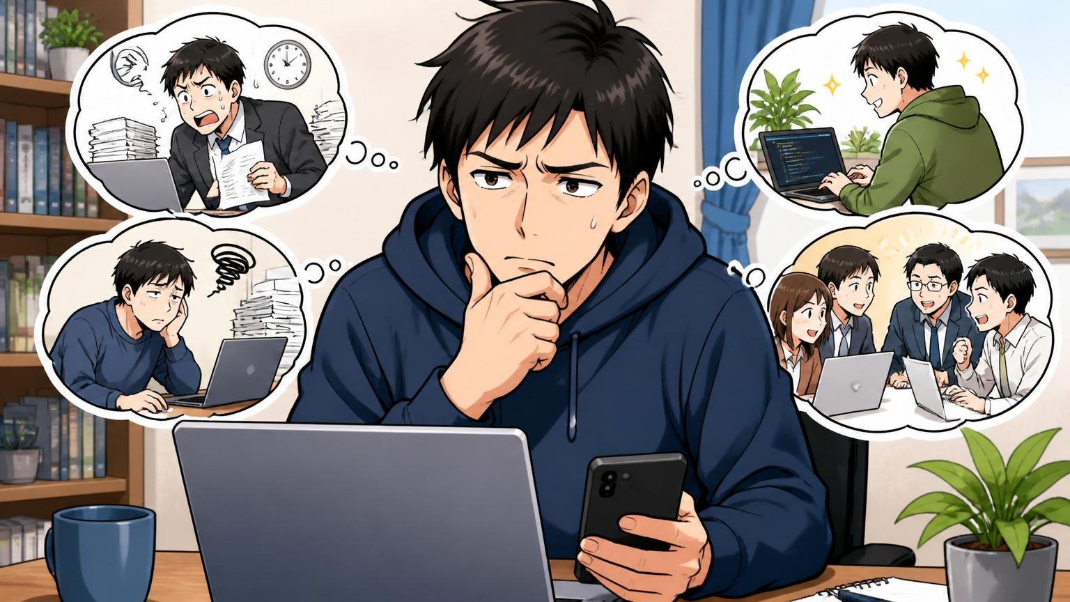 自宅のデスクでスマホとPCを前に転職を考え込む30代男性エンジニア1名、悩んだ表情
