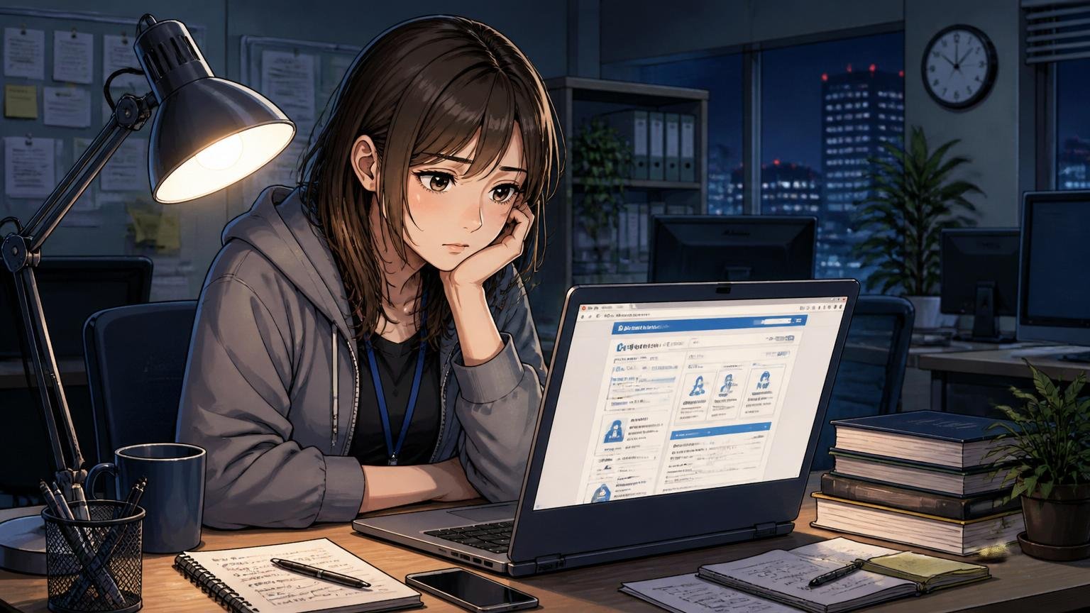 深夜のオフィスでデスクライト一つだけ点いた机で転職サイトを開いた30代女性エンジニアが頬杖をつく場面
