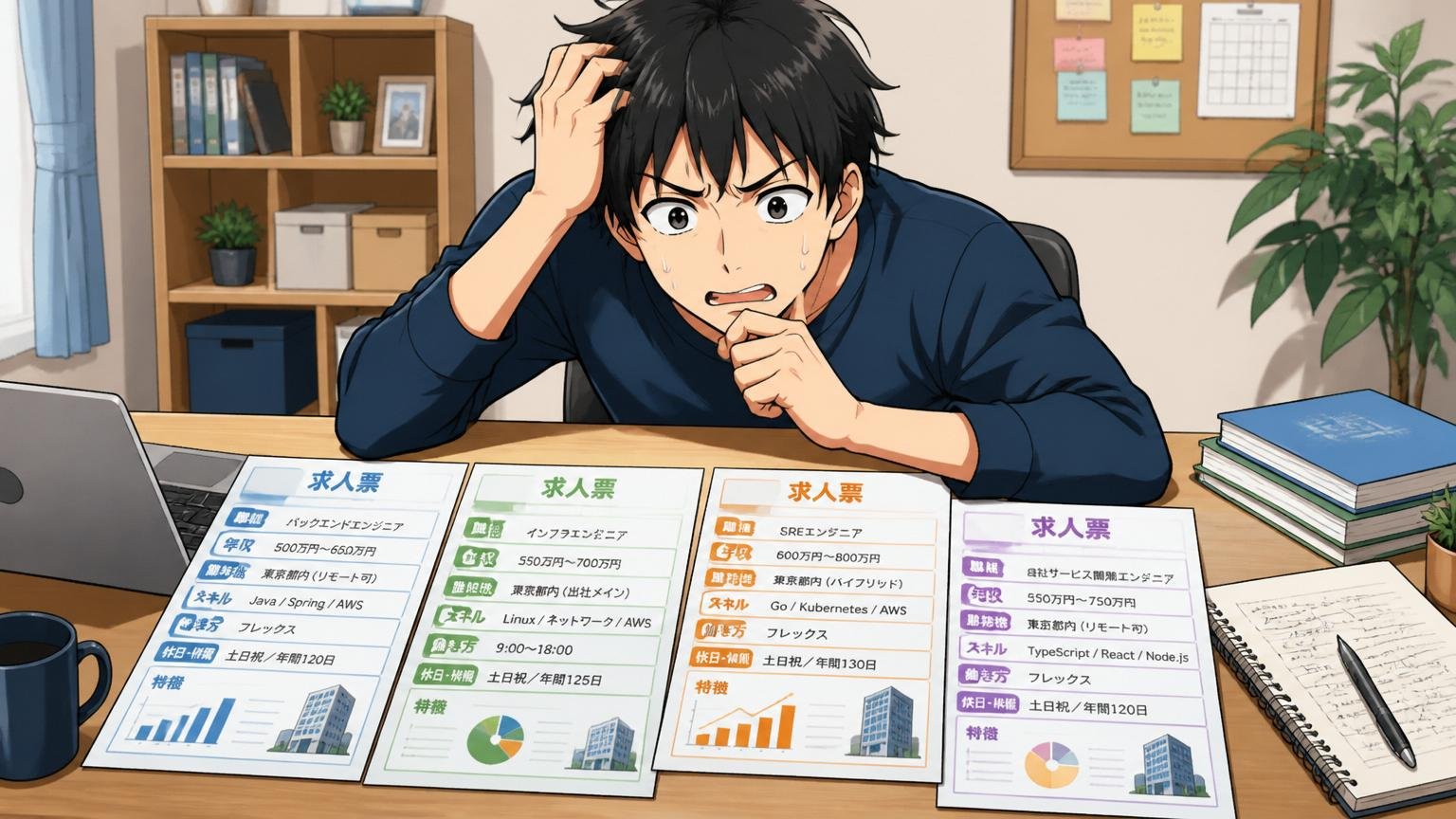自宅のデスクで複数の求人票を並べて比較しながら判断に迷う30代エンジニア1人