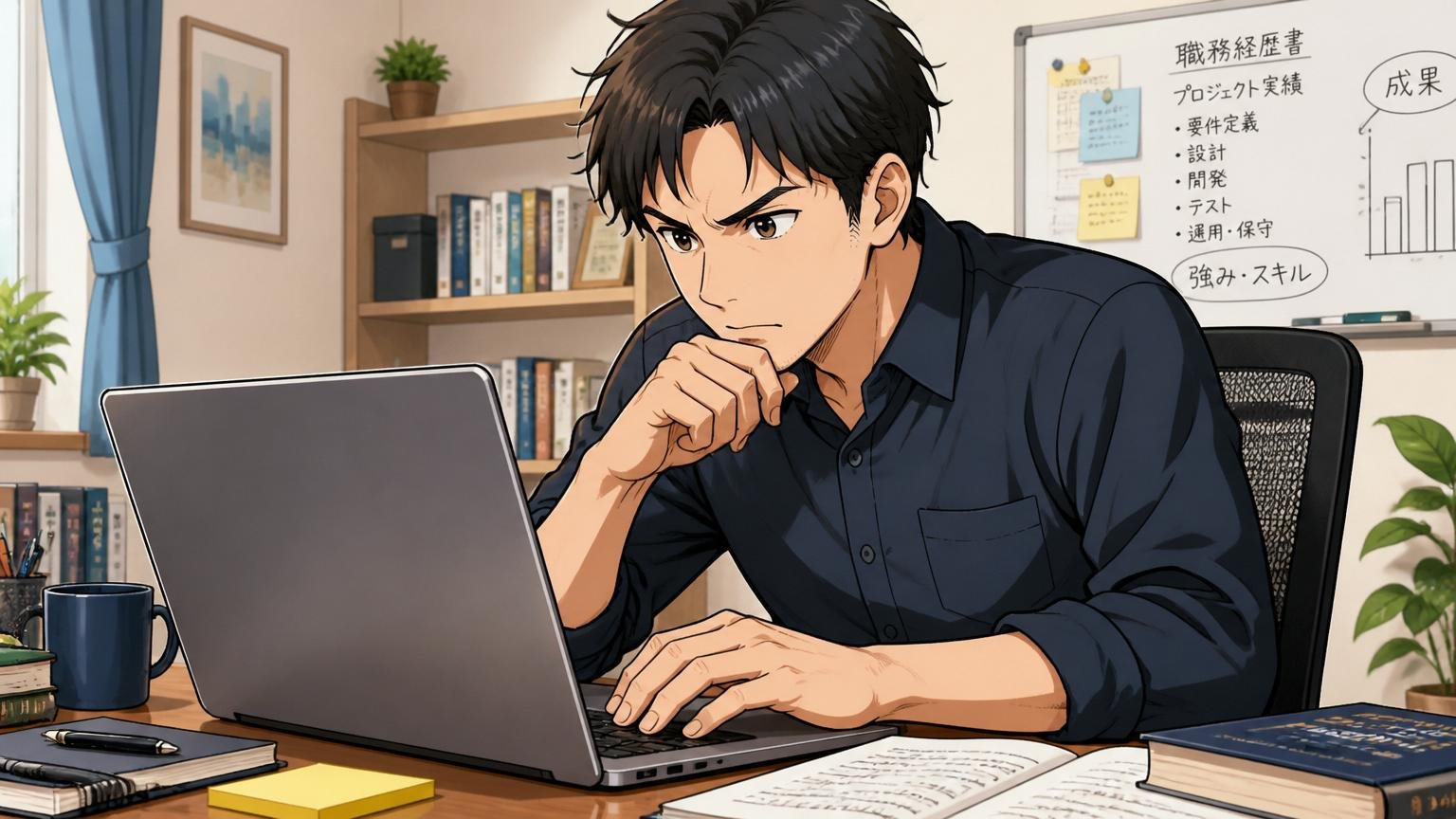 自宅のデスクで職務経歴書をパソコンで丁寧に書き直す30代男性エンジニア1名