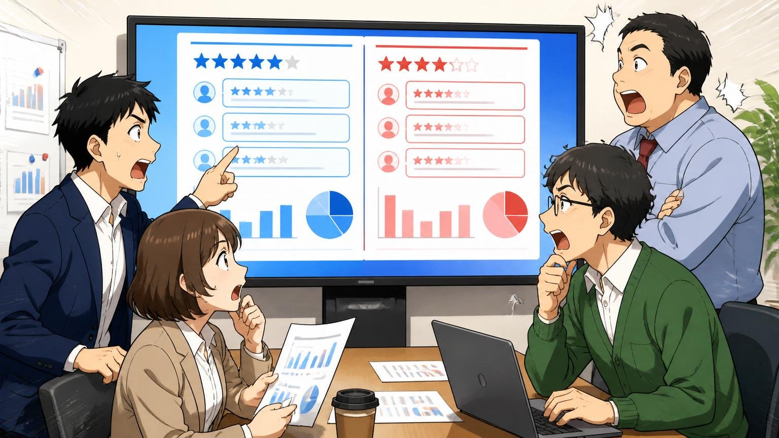 同じ会社の現職者と退職者の口コミを並べて比較する分析チームの会議室シーン