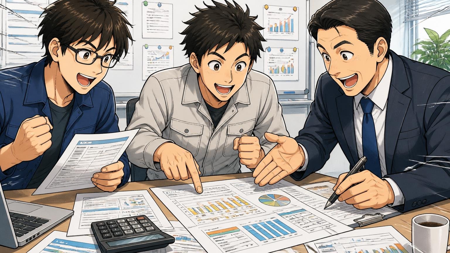 企業の会議室で年収シミュレーション資料を広げ電卓と求人票を見ながら未来のキャリアを話し合う2人のエンジニアと1人のアドバイザー