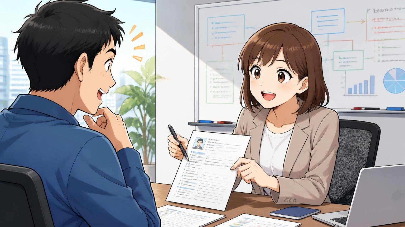 企業の会議室でIT特化型転職エージェントの女性アドバイザーが職務経歴書を見ながらエンジニアの強みを丁寧にヒアリングする面談シーン
