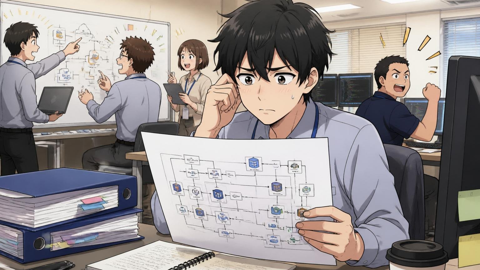 SIerの開発現場でモダン技術の設計書を眺めながら自分の業務との差を感じる若手男性