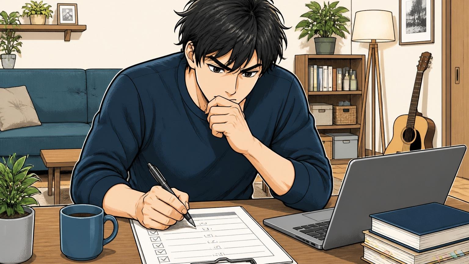 自宅のリビングでチェックリストにペンで書き込みながら自分のキャリアを見つめ直す30代男性エンジニア1人が真剣な表情