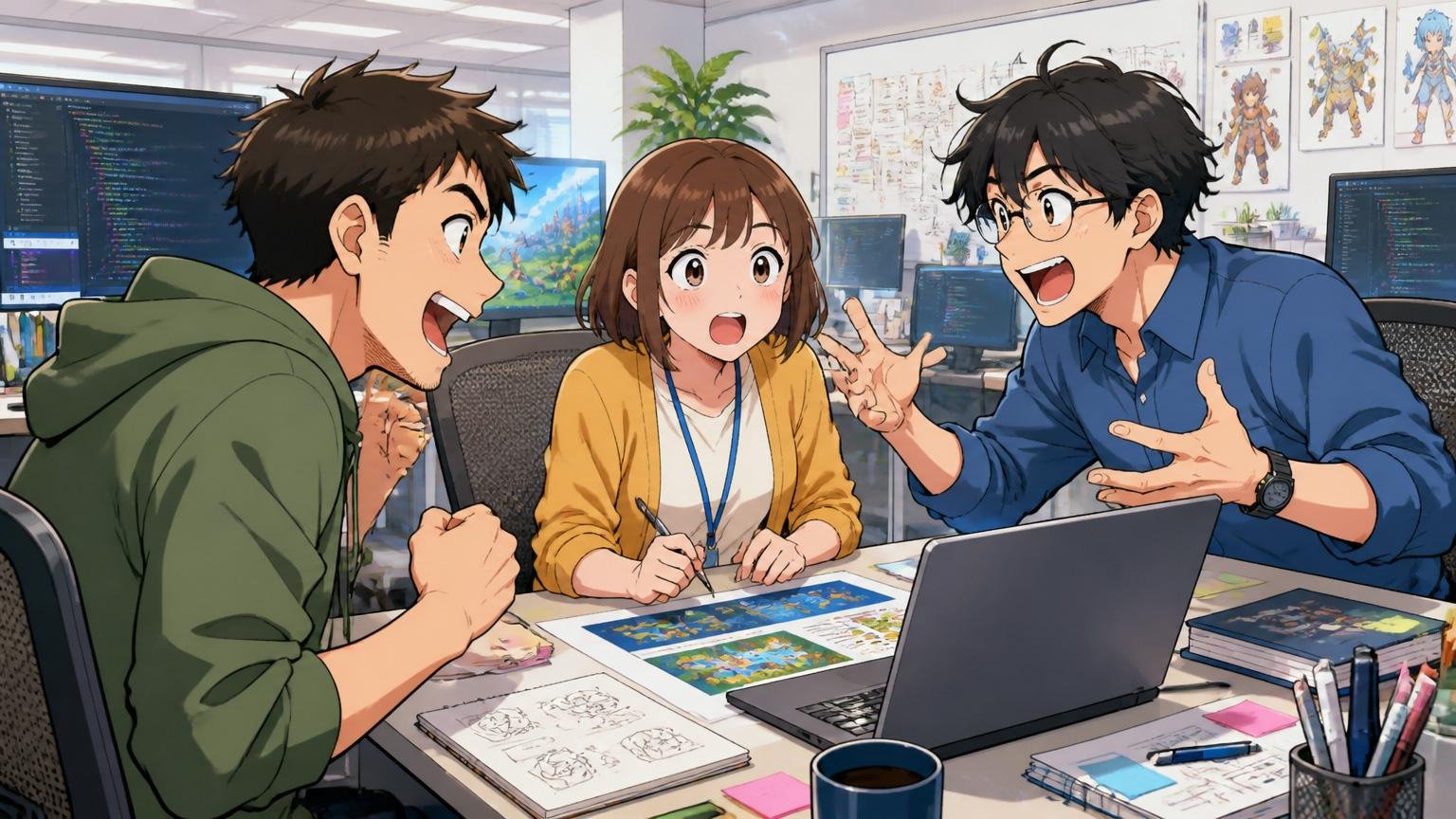 Web系ゲーム会社のオフィスで男女エンジニア3人が笑顔で熱量を込めて議論している