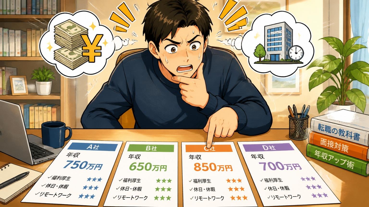 自宅のデスクで複数のオファー文書を並べて年収と条件を比較する転職希望者