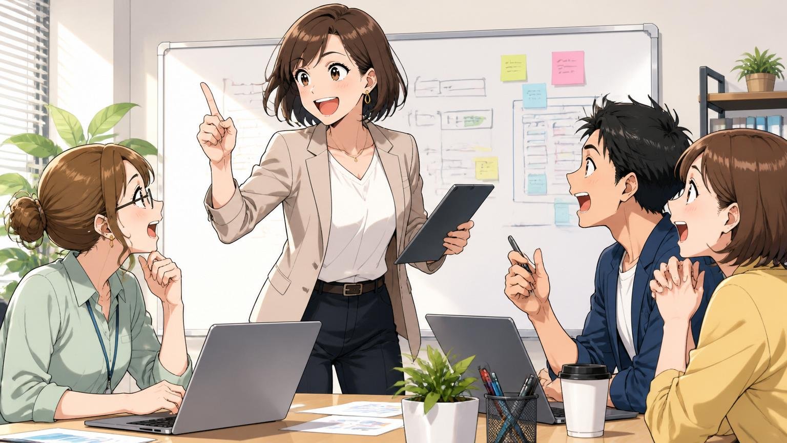 Web系の会議室で女性管理職が部下に明るく指示を出している場面で女性3名男性1名の合計4人