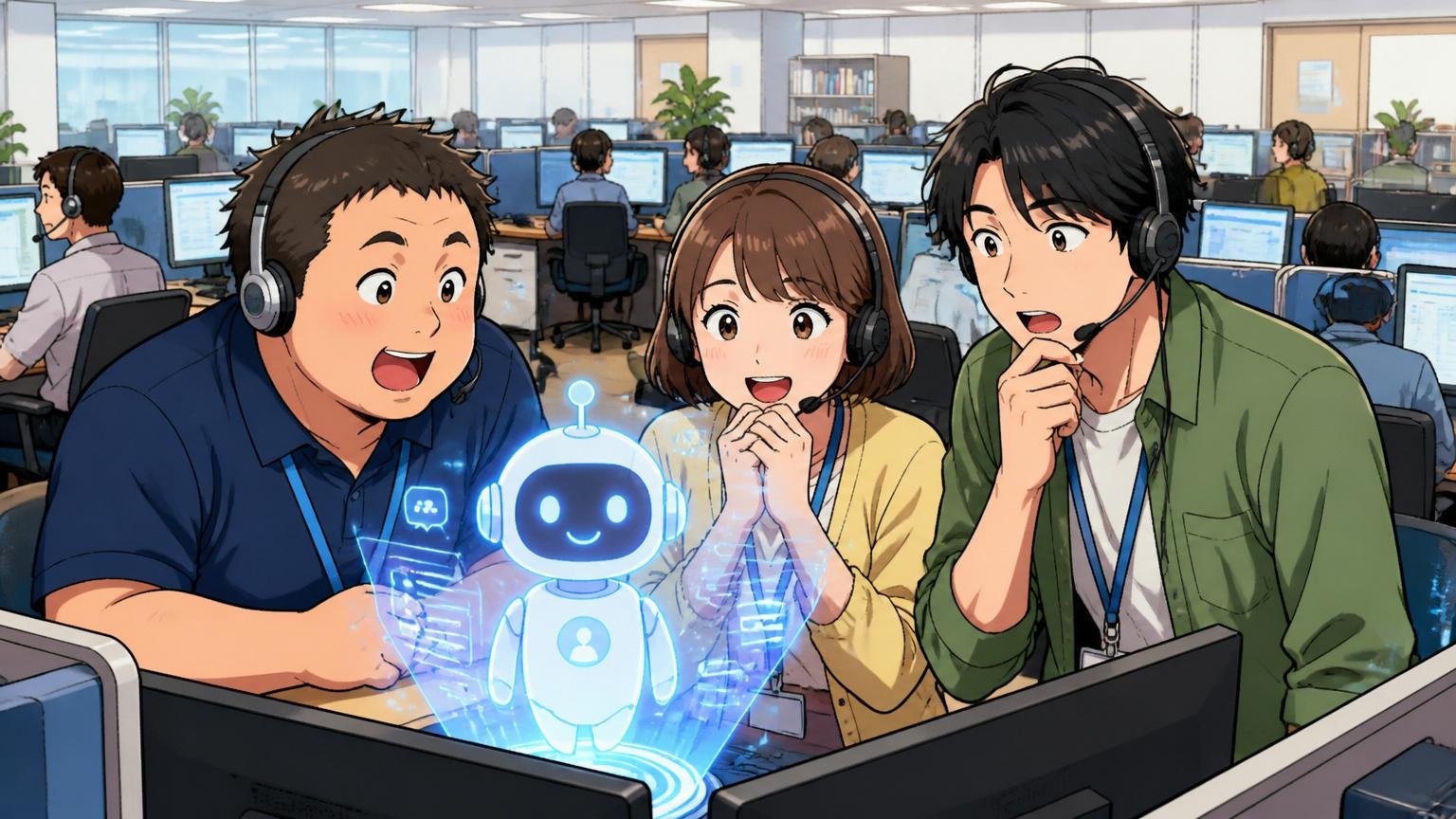 生成AI時代のコールセンター・BPO業界。コールセンターのフロアで生成AIチャットボットの導入を見守るオペレーター3人のシーン