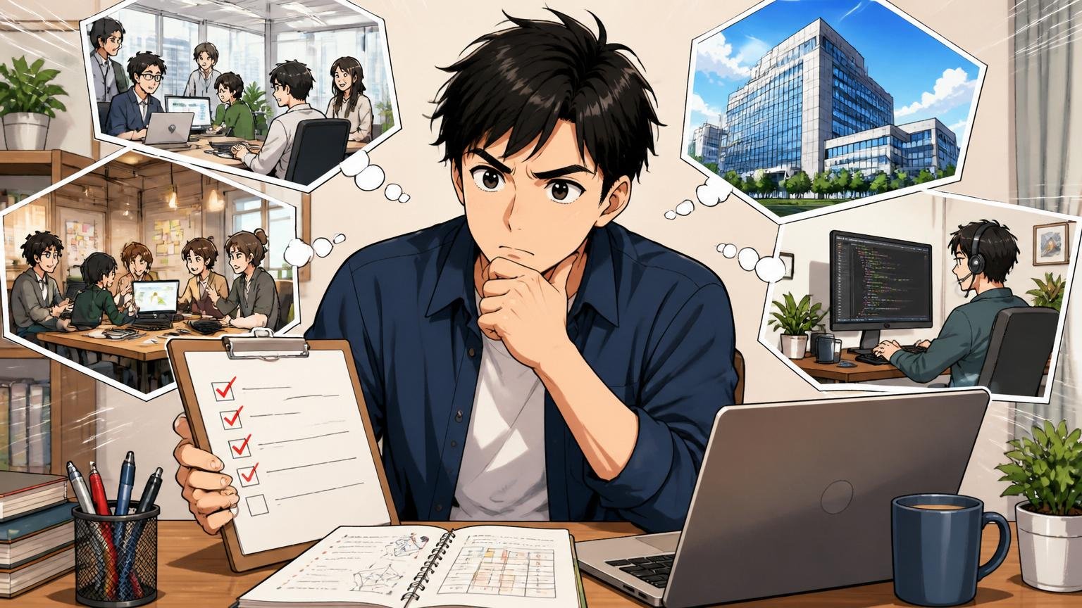 自宅のデスクでチェックリストとノートPCを前に30代男性エンジニアが志望先を比較検討する