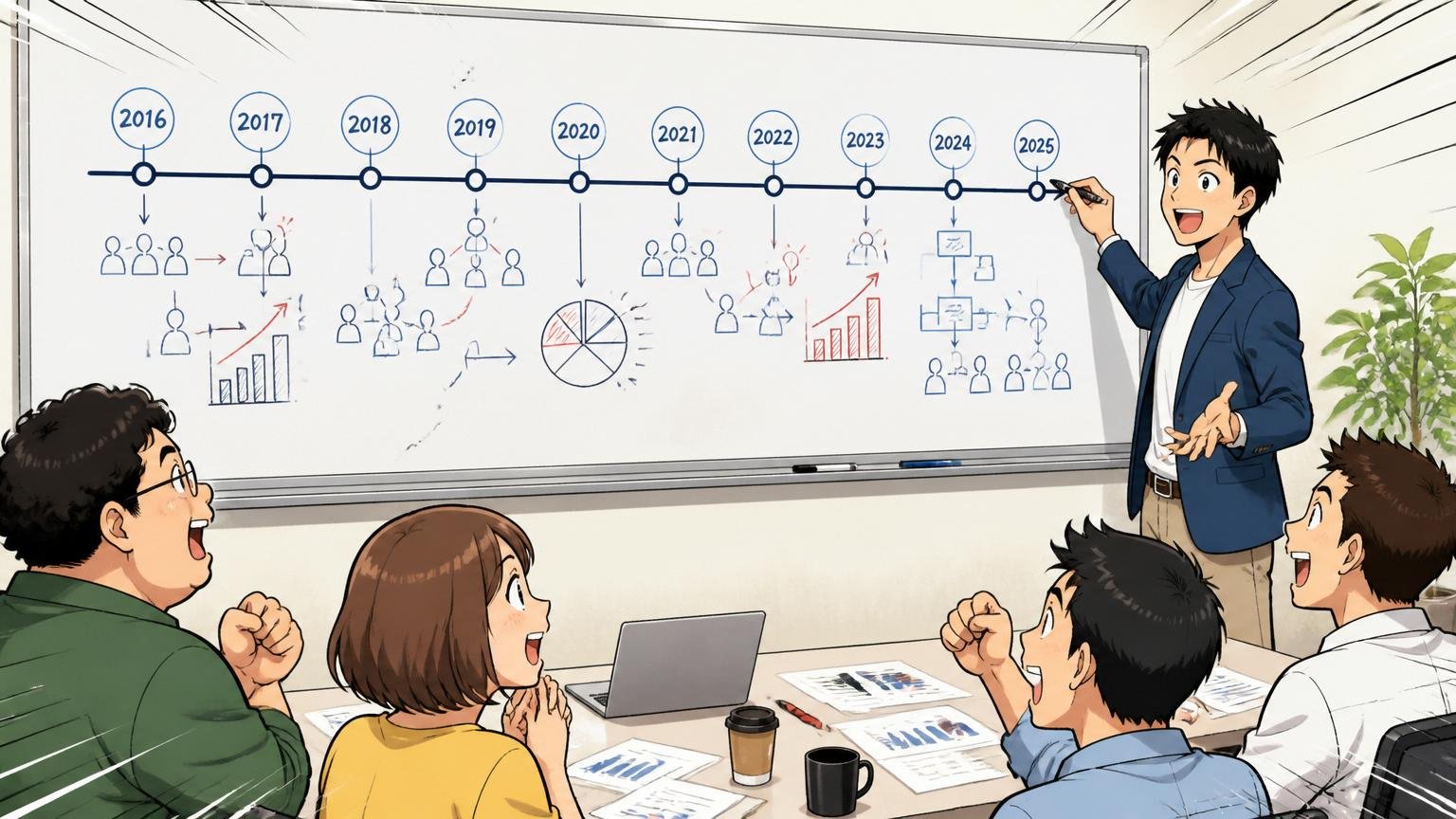 会議室のホワイトボードに2016年から2026年までの組織変化のタイムラインを書き込む30代男性ファシリテーター1名
