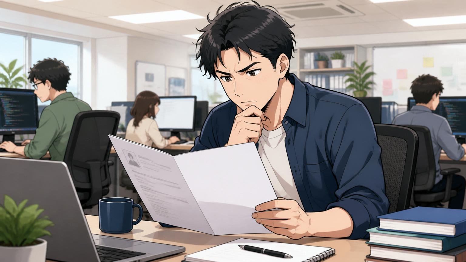 エンジニア職としての見極めポイント・Web系企業のオフィスで30代男性エンジニア1人が職務経歴書を開き考え込む