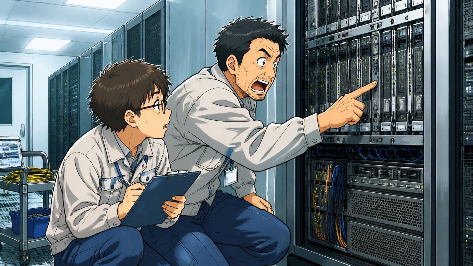 レガシー技術中心になる事業構造 通信キャリアのサーバールームで2名のエンジニアが大型機器を点検する場面