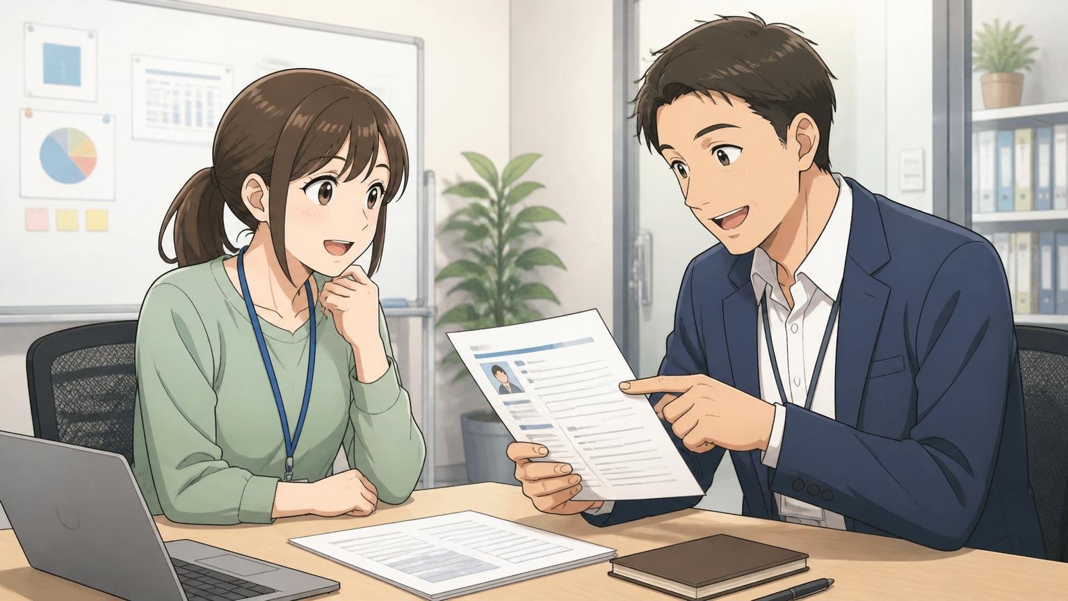 日系IT企業の面談ルームで職務経歴書を見ながら30代男性アドバイザーと話す30代女性エンジニア