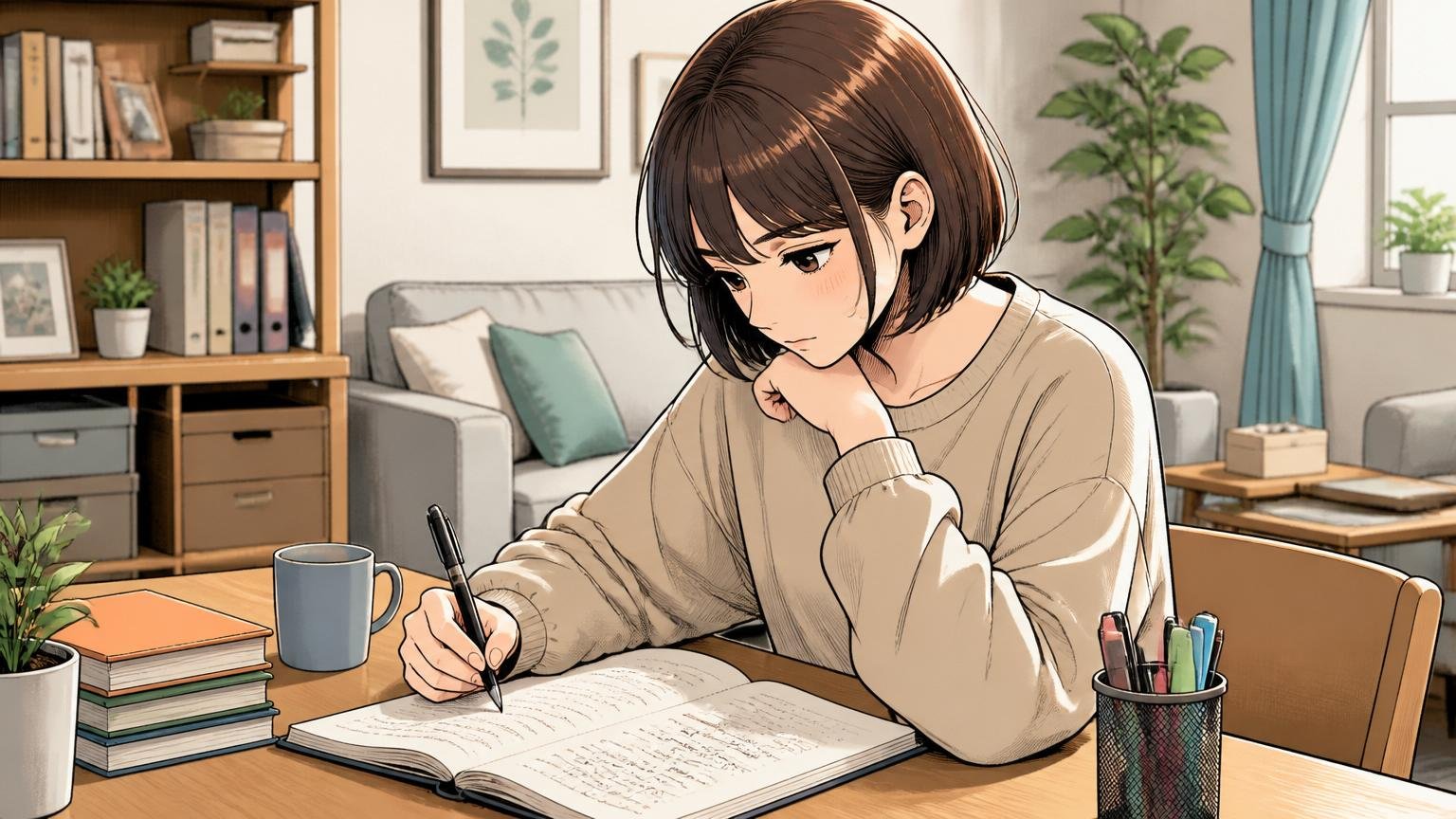 自分に合うかを冷静に考える人|静かな自宅の部屋でノートに考えを書き出す女性1人が落ち着いた表情