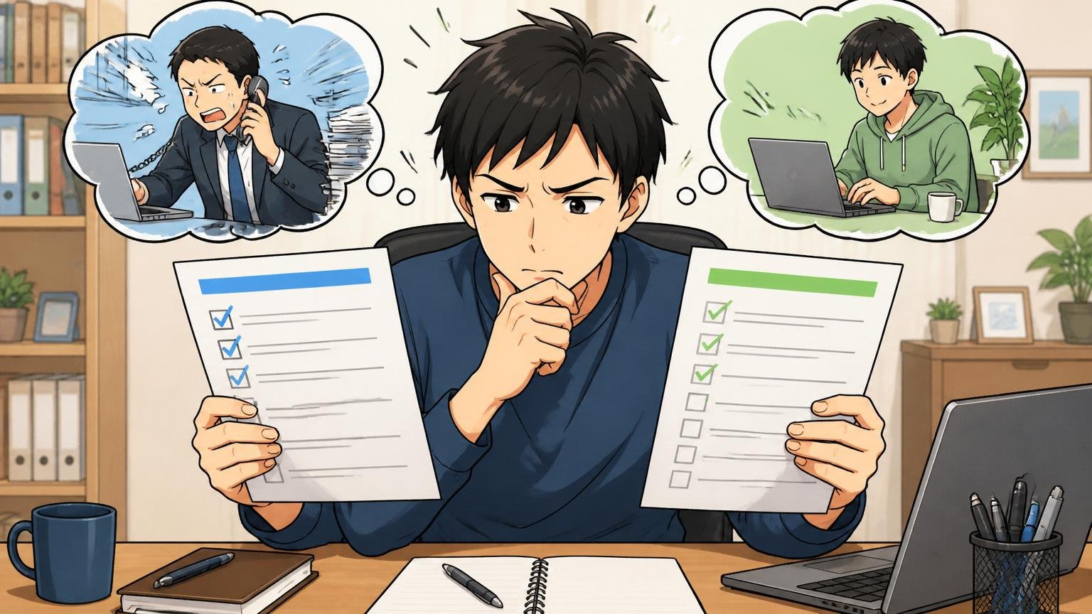 自己診断 あなたはどちらに近い/自宅のデスクでチェックリストを見比べる転職検討中の男性