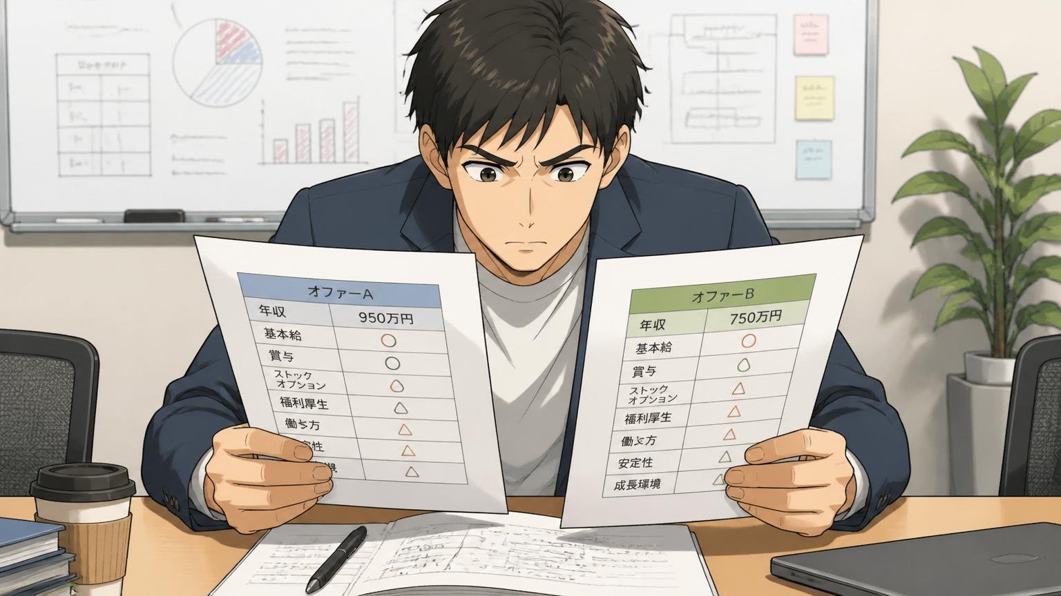 軸③年収 — 「最大化」より「安定×成長」を取れるか/企業の会議室で30代男性エンジニアがオファー金額の比較表を真剣に見比べる
