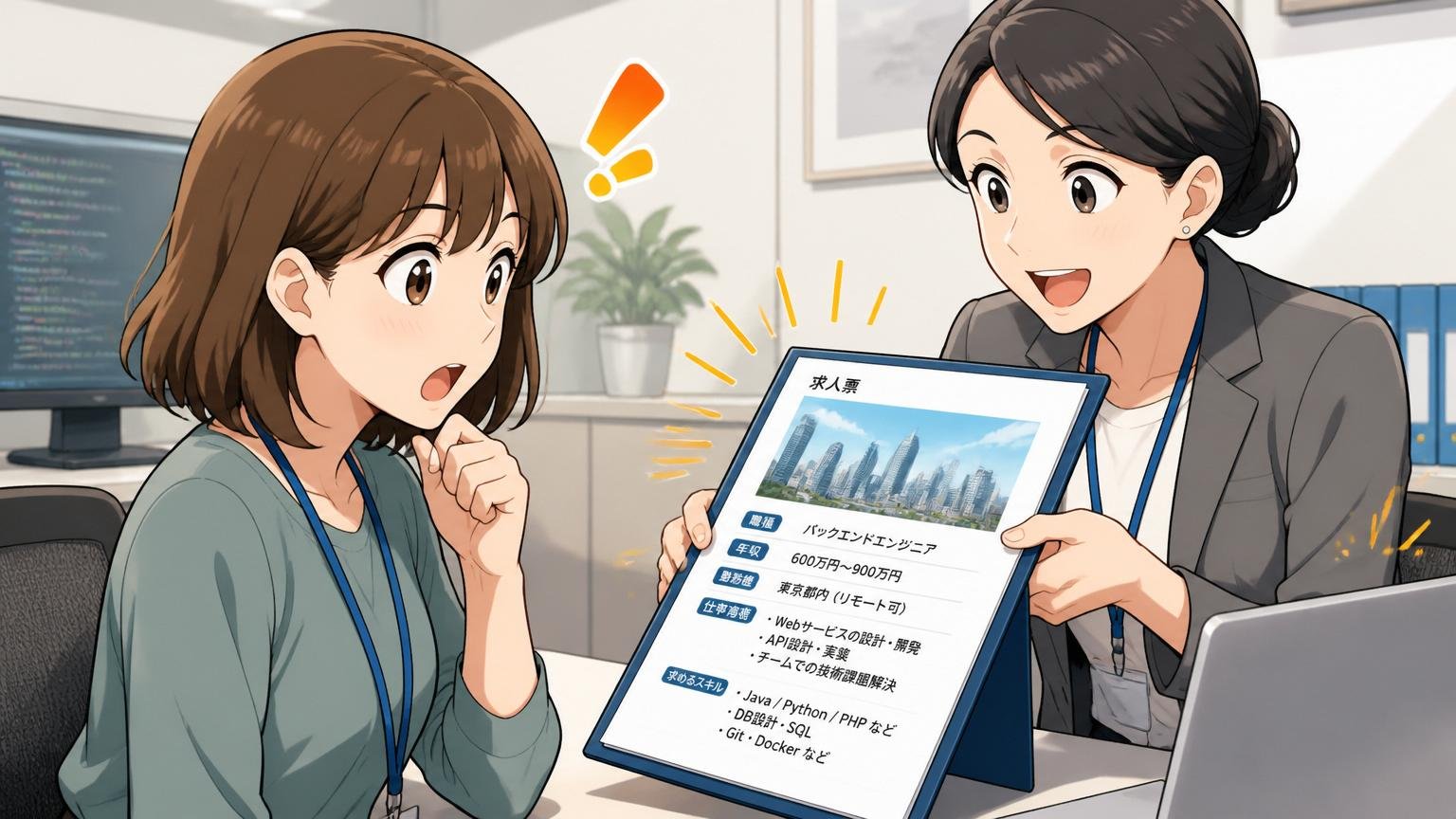 オフィスでアドバイザーから求人を提示される30代女性エンジニア1名