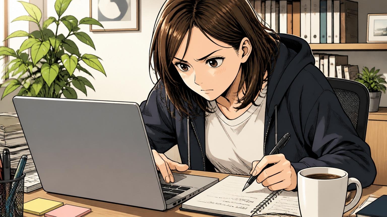 自宅のデスクで職務経歴書を書き直しながら集中してパソコンに向かう30代女性エンジニア、横にコーヒーカップとメモ