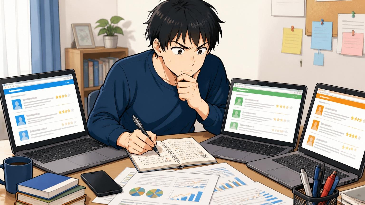 自宅のデスクで複数の口コミサイトを見比べながらメモを取る30代男性転職検討者