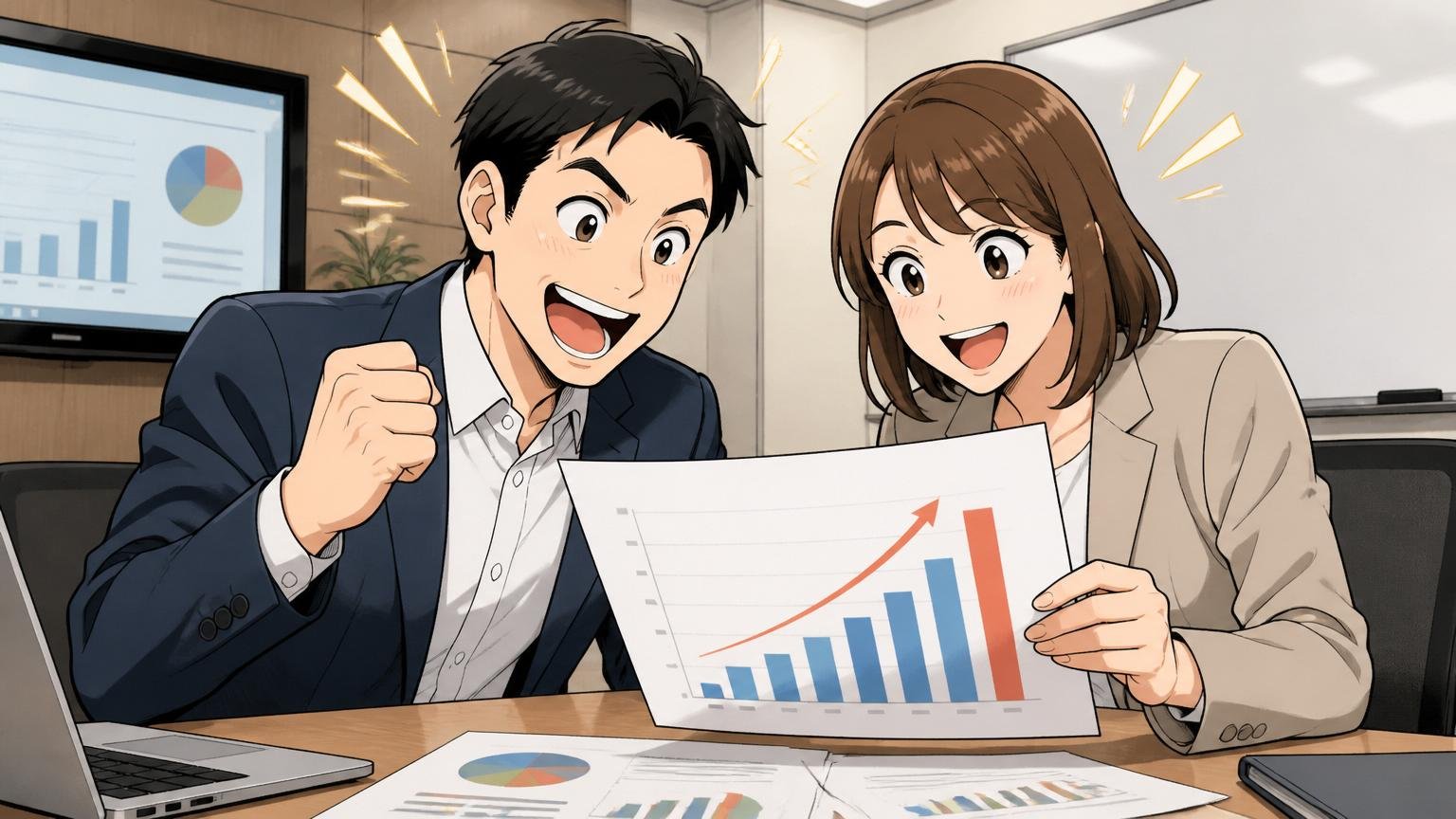 業界平均より上の年収を確認するシーン 落ち着いた会議室 30代男女2人が嬉しそうに資料を見る