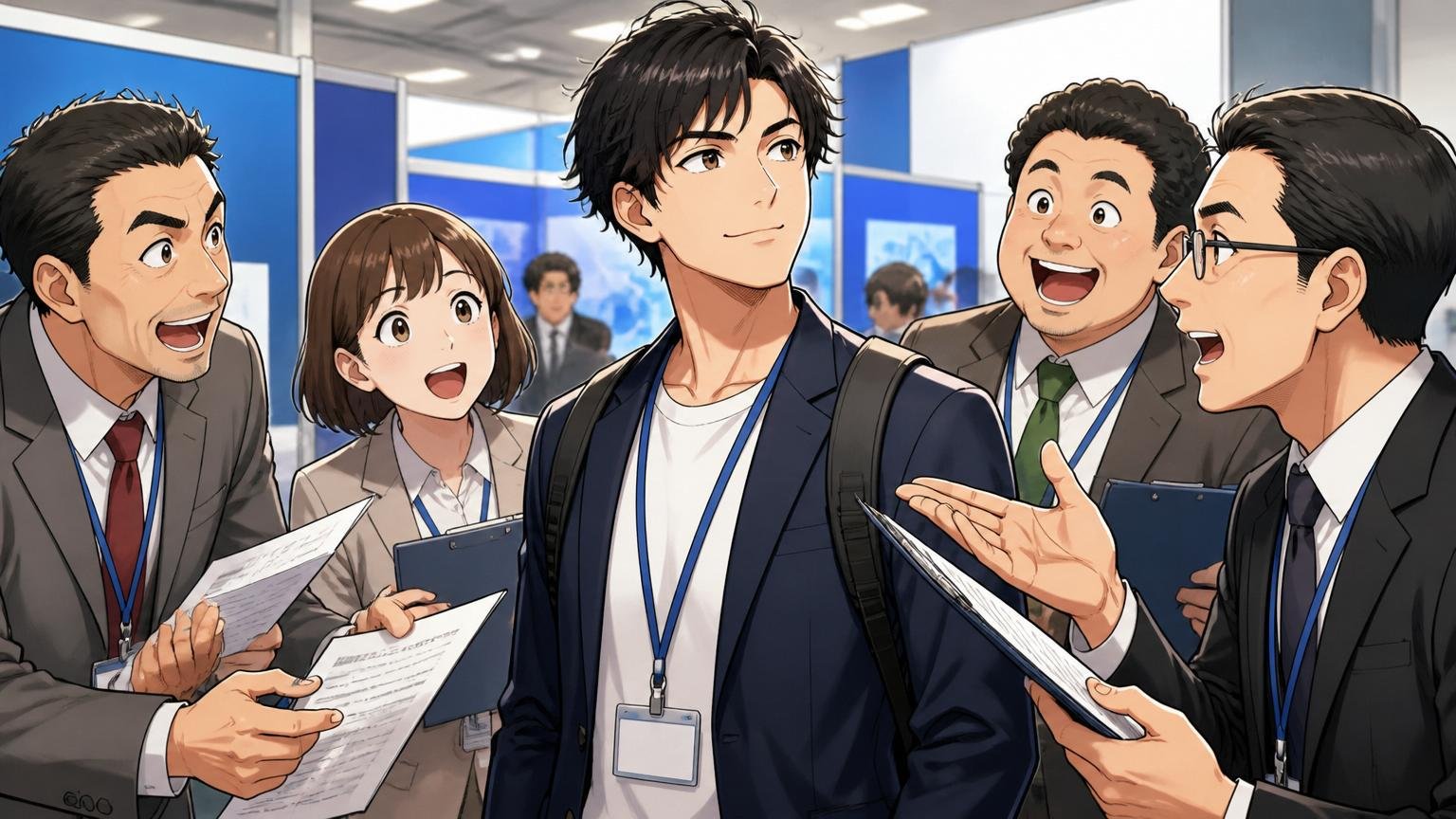 ITエンジニア経験者は市場で求められている。企業の採用ブースで複数社の人事担当者にスカウトされる30代男性エンジニア1名の自信ある表情