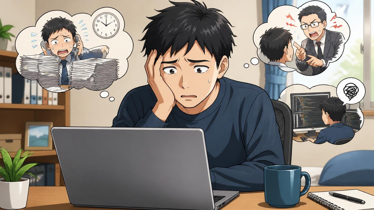 スミセイ情報システムが向いていない人、自宅のデスクで転職サイトを見る、エンジニア1人、悩んでいる表情