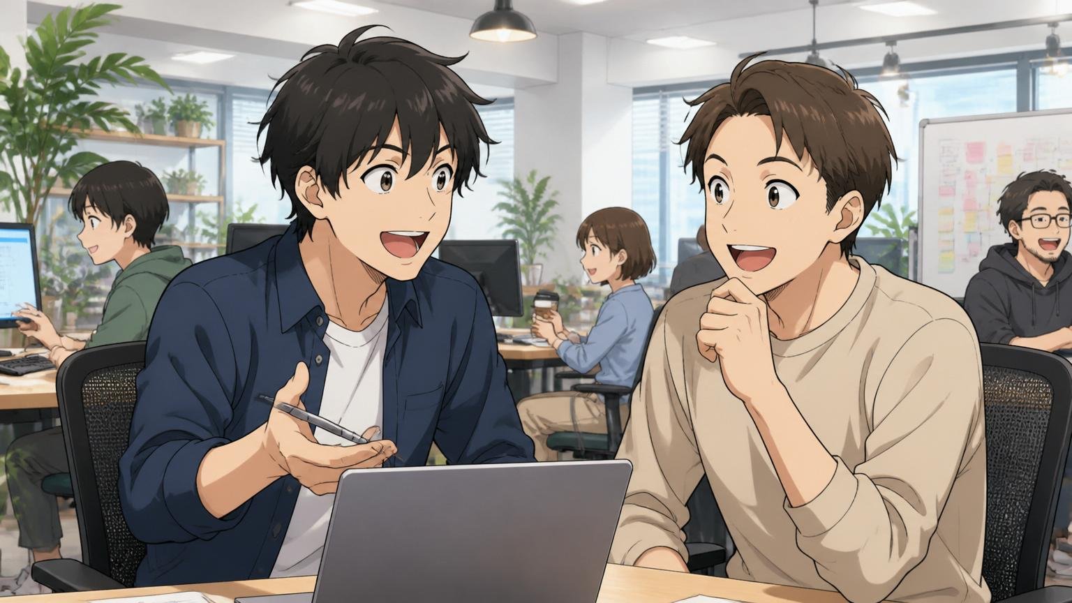 Web系スタートアップのオフィスで新しい同僚と笑顔で打ち合わせするSIer出身の中途入社エンジニア, モダンなオフィス