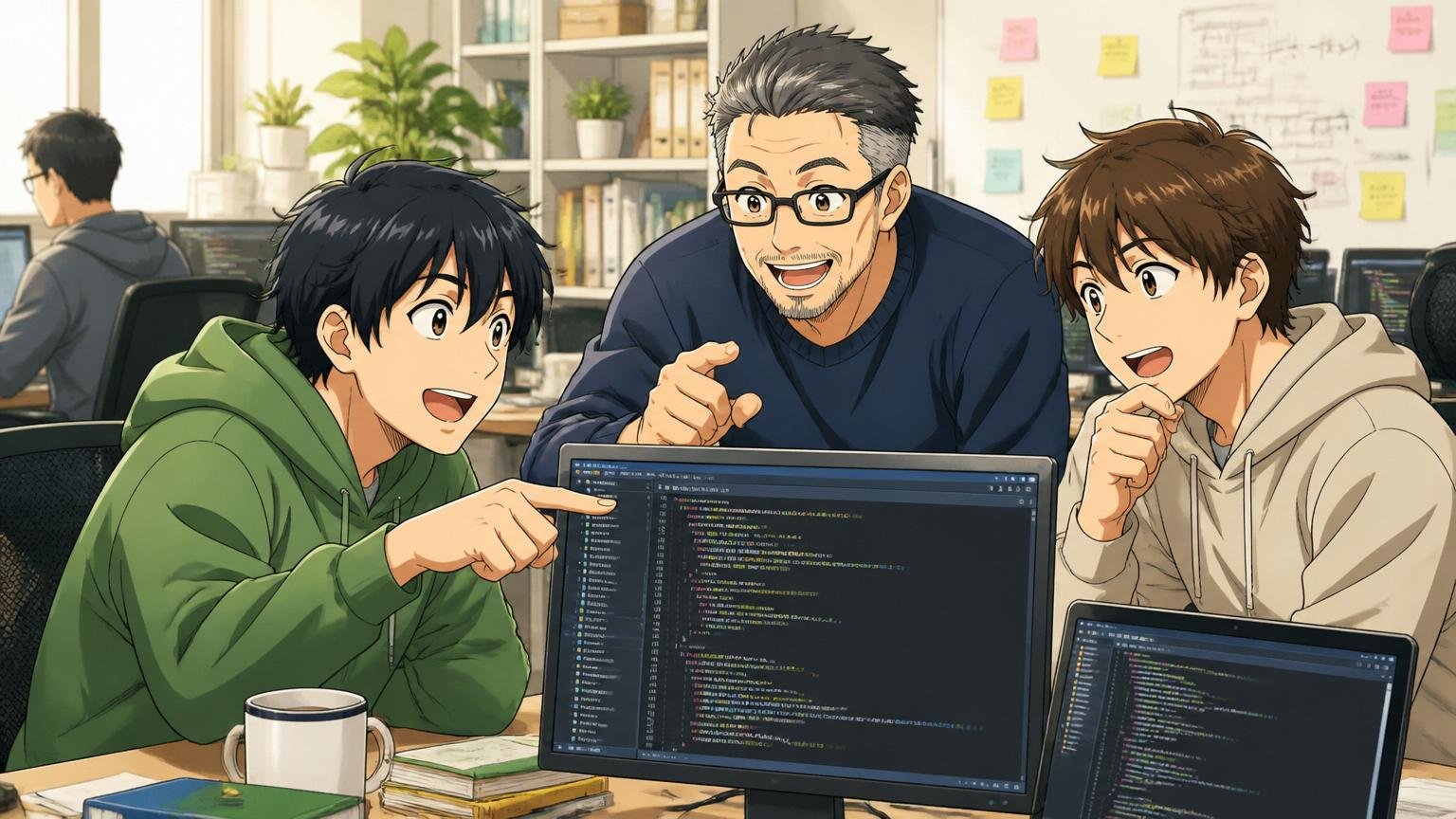 Web系スタートアップオフィスで20代後半エンジニア2名と40代テックリード1名がコードレビューを通じて学び合う温かな雰囲気
