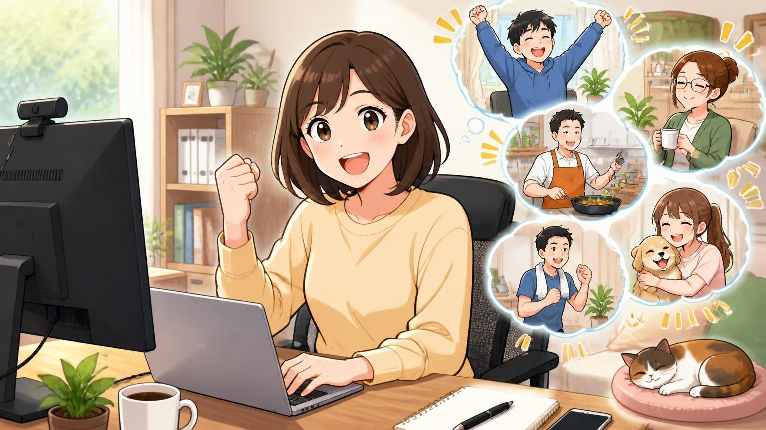 リモート文化と福利厚生。自宅のデスクで在宅勤務する30代女性エンジニアが快適な環境で笑顔を見せる