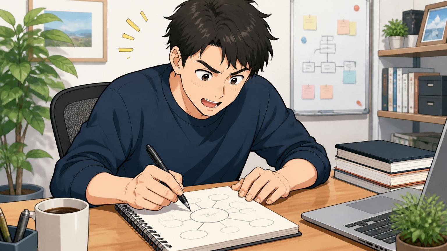 自宅のデスクで在宅勤務する30代エンジニアがメモ帳に判断軸を書き出して整理するシーン