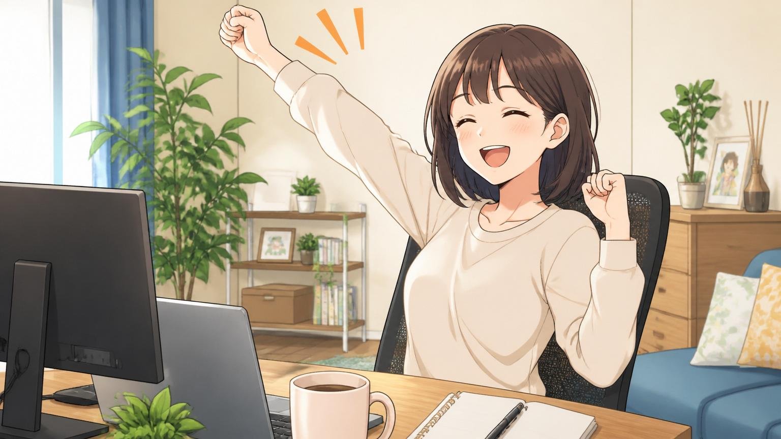 ワークライフバランスを実感するエンジニア。自宅のデスクで在宅勤務。女性1人。定時で業務終了して笑顔の表情