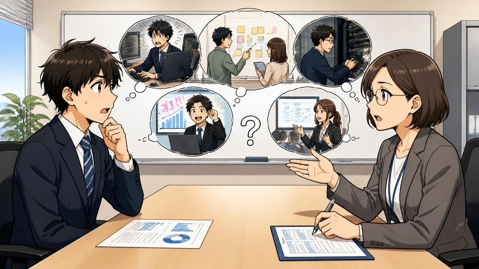 条件次第のグレーゾーン。SIerの会議室で配属面談を受ける若手エンジニアと人事担当者が部署希望を話し合う