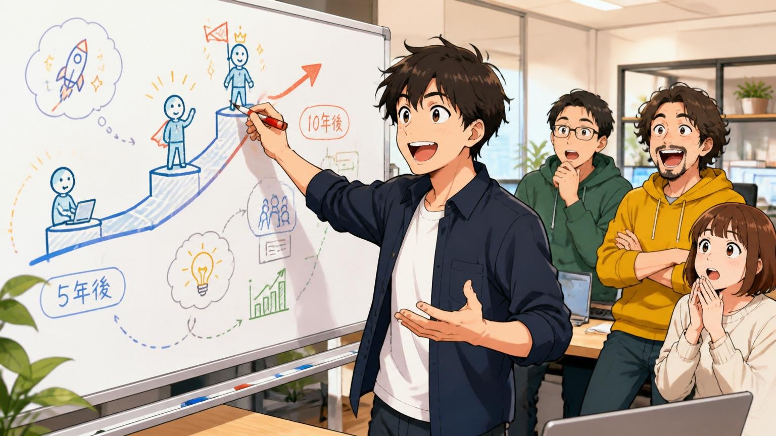 Web系スタートアップのオフィスでホワイトボードに5年後10年後のキャリア図を描く中堅エンジニア