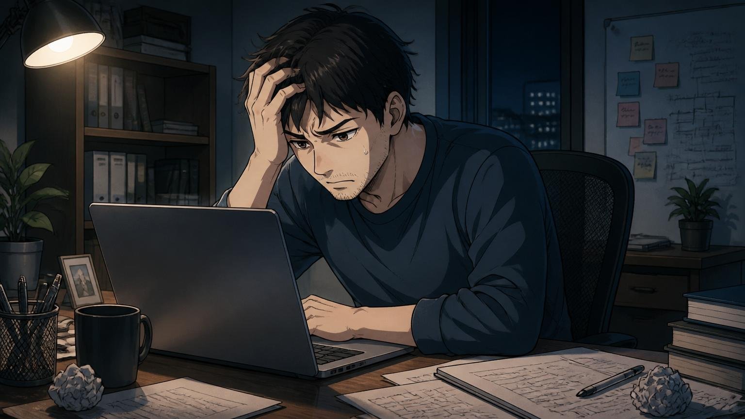 自宅のデスクで深夜にひとりノートPCを見つめて悩む30代エンジニア1人・暗めの照明で孤独感