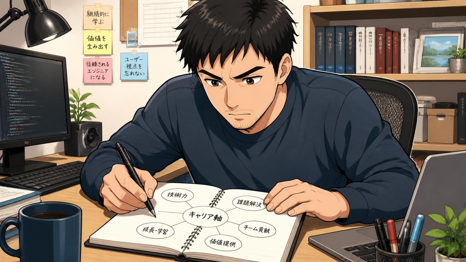 自宅のデスクで在宅勤務、ノートに自分のキャリア軸を書き出す30代エンジニア1人、真剣な表情