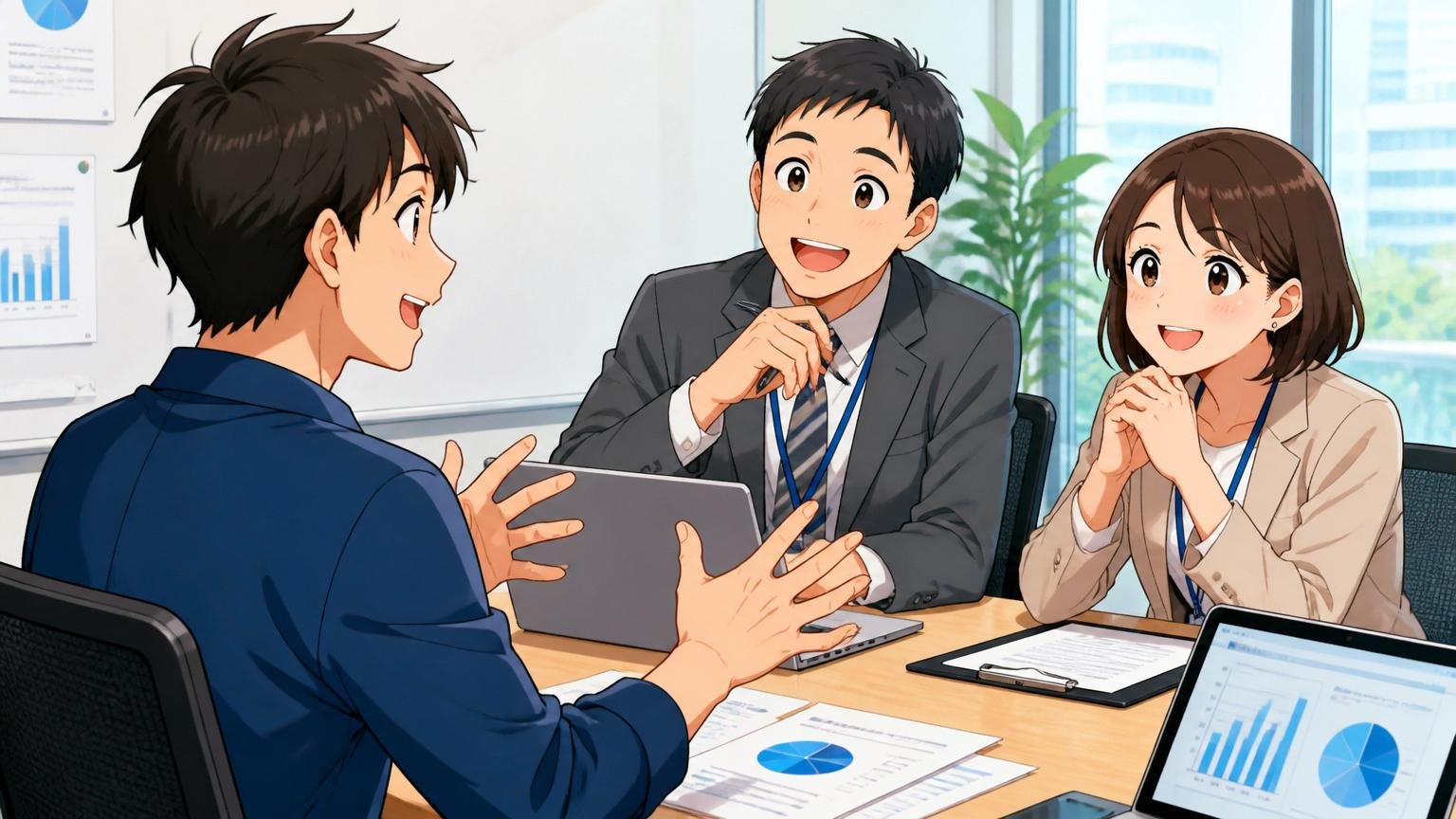 企業の会議室で複数の転職エージェントの担当者と話すITエンジニア1名と微笑むアドバイザー2名の前向きな雰囲気