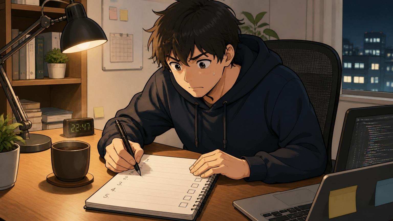自宅のデスクでノートに優先順位を書き出して整理する20代後半エンジニアの夜間の落ち着いたシーン