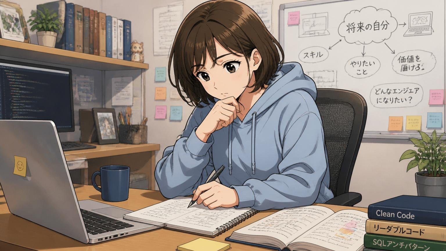 自分の方向性を整理するエンジニア、自宅のデスクでノートに向かい思案する表情の20代女性1人