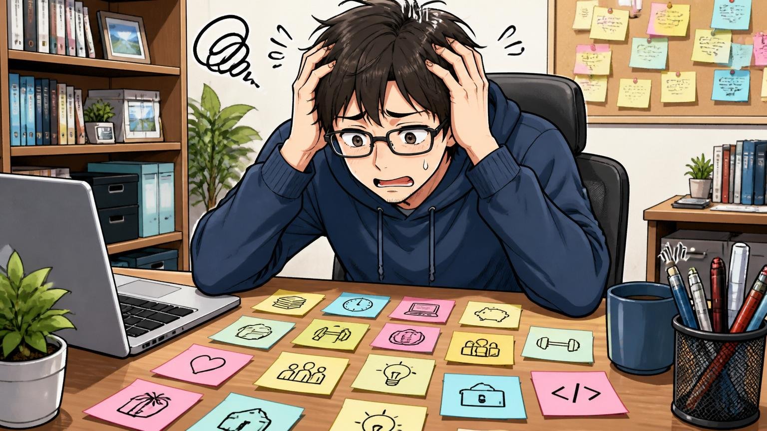 自宅のデスクで30代エンジニアが付箋に自分の希望条件を書き出し、向いているか向いていないか頭を抱えて悩んでいる
