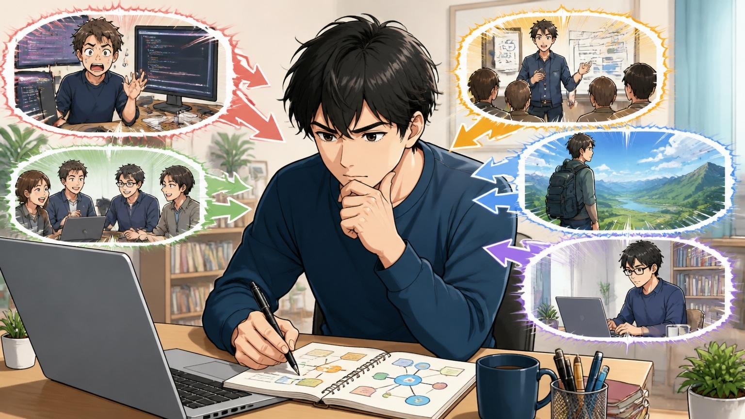 「やばい／良い」の二元論を脱却する判断軸を解説。自宅のデスクで在宅勤務しながら自分のキャリア軸を整理する30代エンジニアの集中した表情