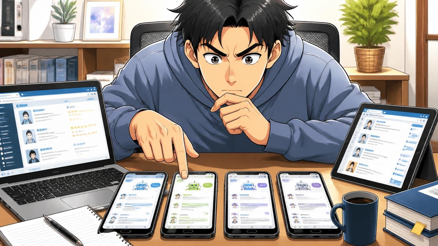 自宅のデスクで複数のスマホとPCを並べエージェントと比較する求職者1人、集中した表情