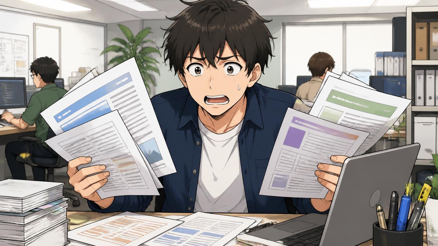 常駐先ガチャに悩むデジタルクリエイター。Web系企業のオフィスで男性1人、複数の案件資料を見比べる困惑した表情