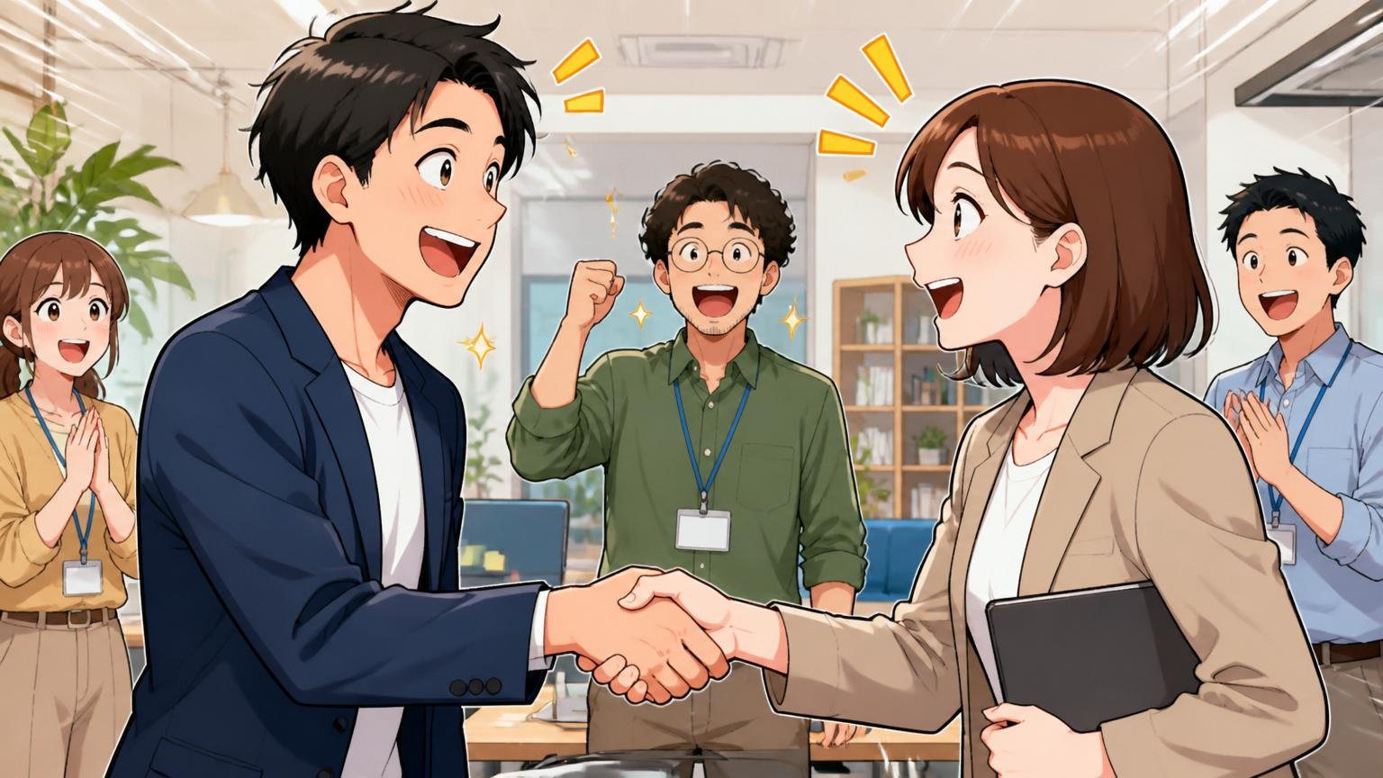 Web系スタートアップのオフィスで年収アップした転職成功者の男性1名と握手するアドバイザーの女性1名の喜びの瞬間