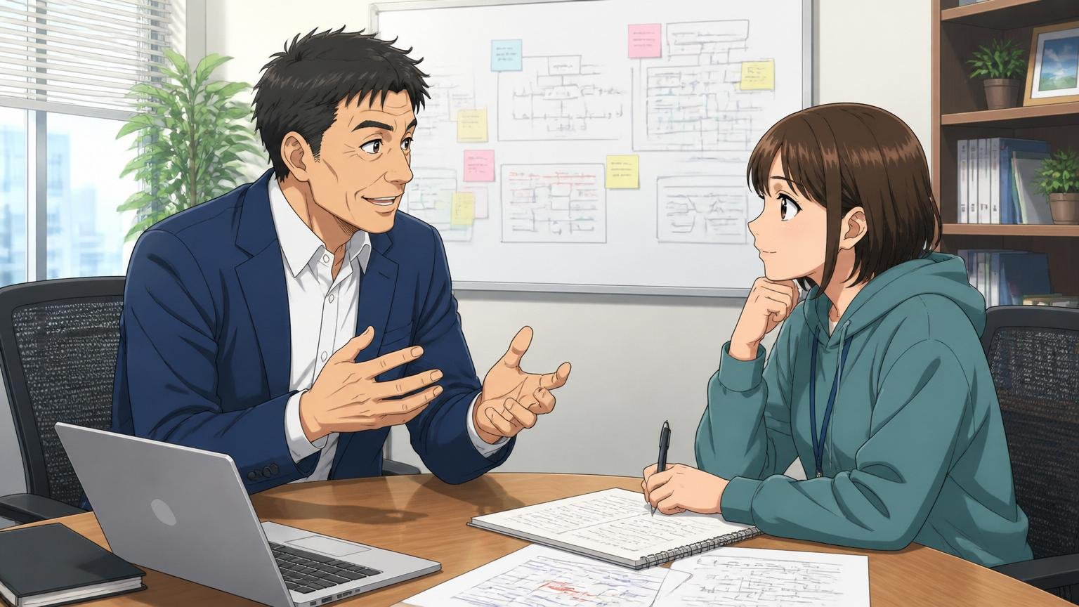 企業の会議室でメンター男性と女性エンジニアが向き合って静かに話している