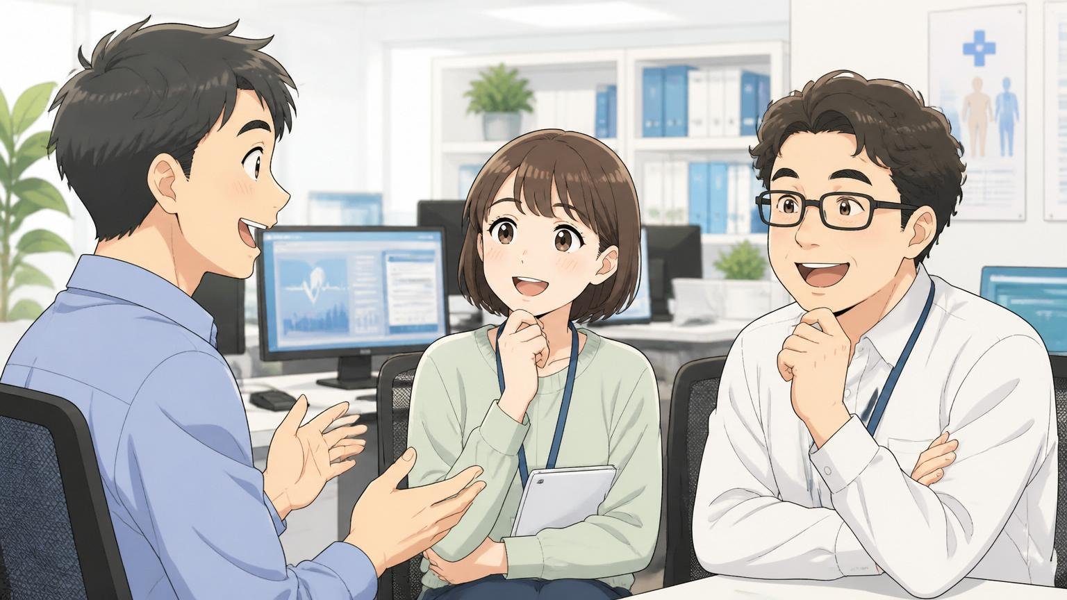 穏やかな人間関係のオフィス、医療系IT企業のオフィスで3人の社員が和やかに会話する穏やかな表情
