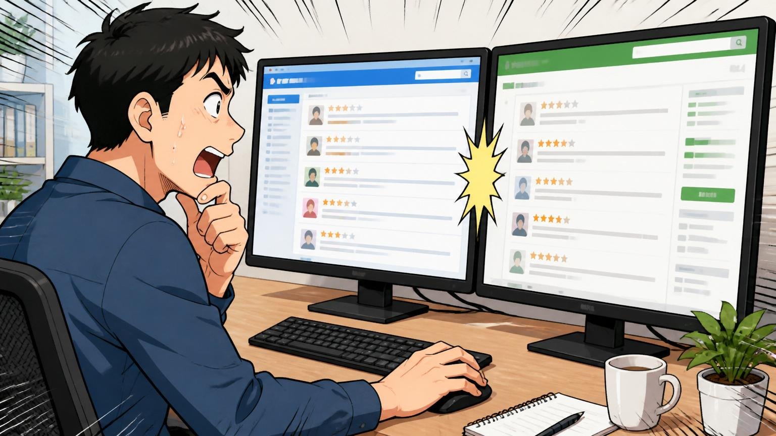 デスクトップで新旧の口コミサイト画面を並べて比較する中堅エンジニア1人